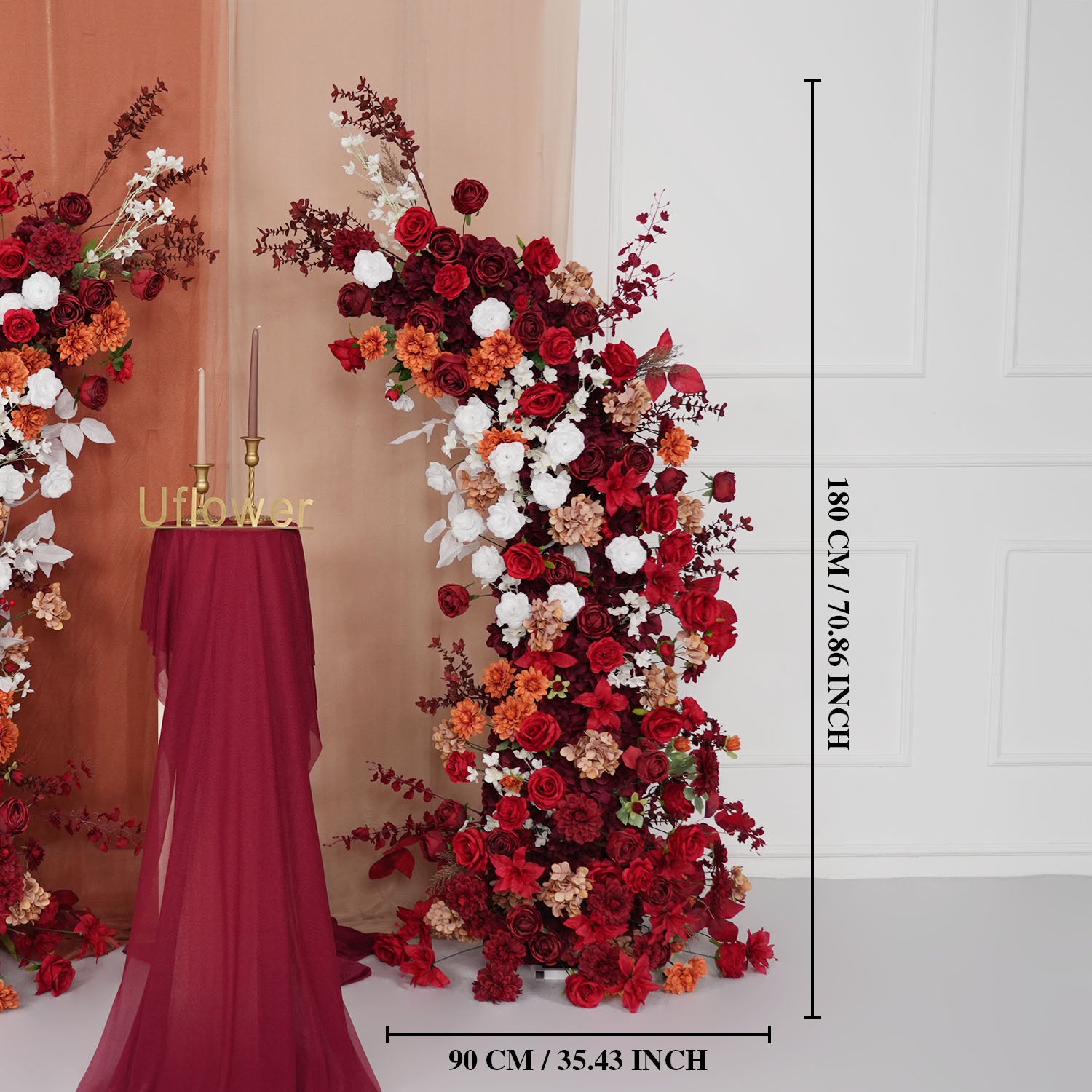 Uflower Autumn Red Rose Floral Arrangement Horn Arch Wedding Backdrop Decor